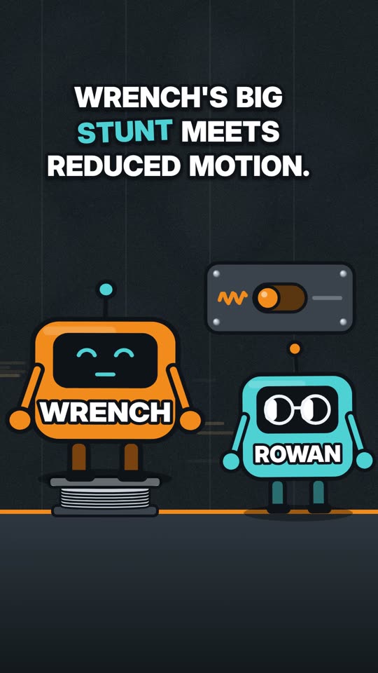 Wrench's big stunt meets reduced motion. — cartoon poster