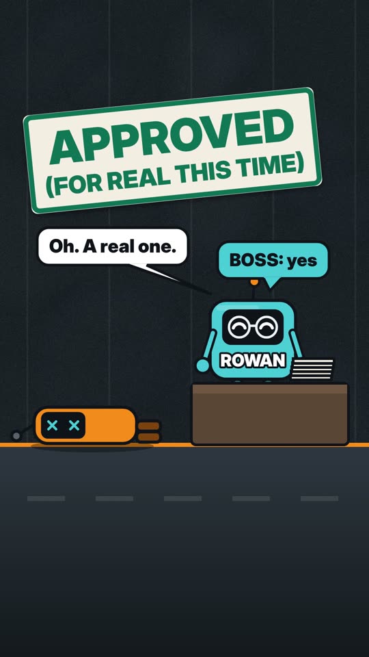 The approval relay — cartoon poster